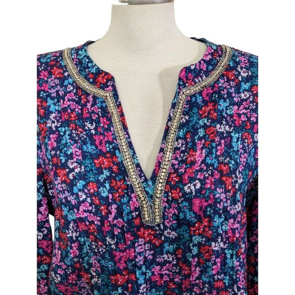 Charter Club Luxury Linen Tunic Top Womens XL Ditsy Floral Rhinestone Pintuck - Picture 2 of 7